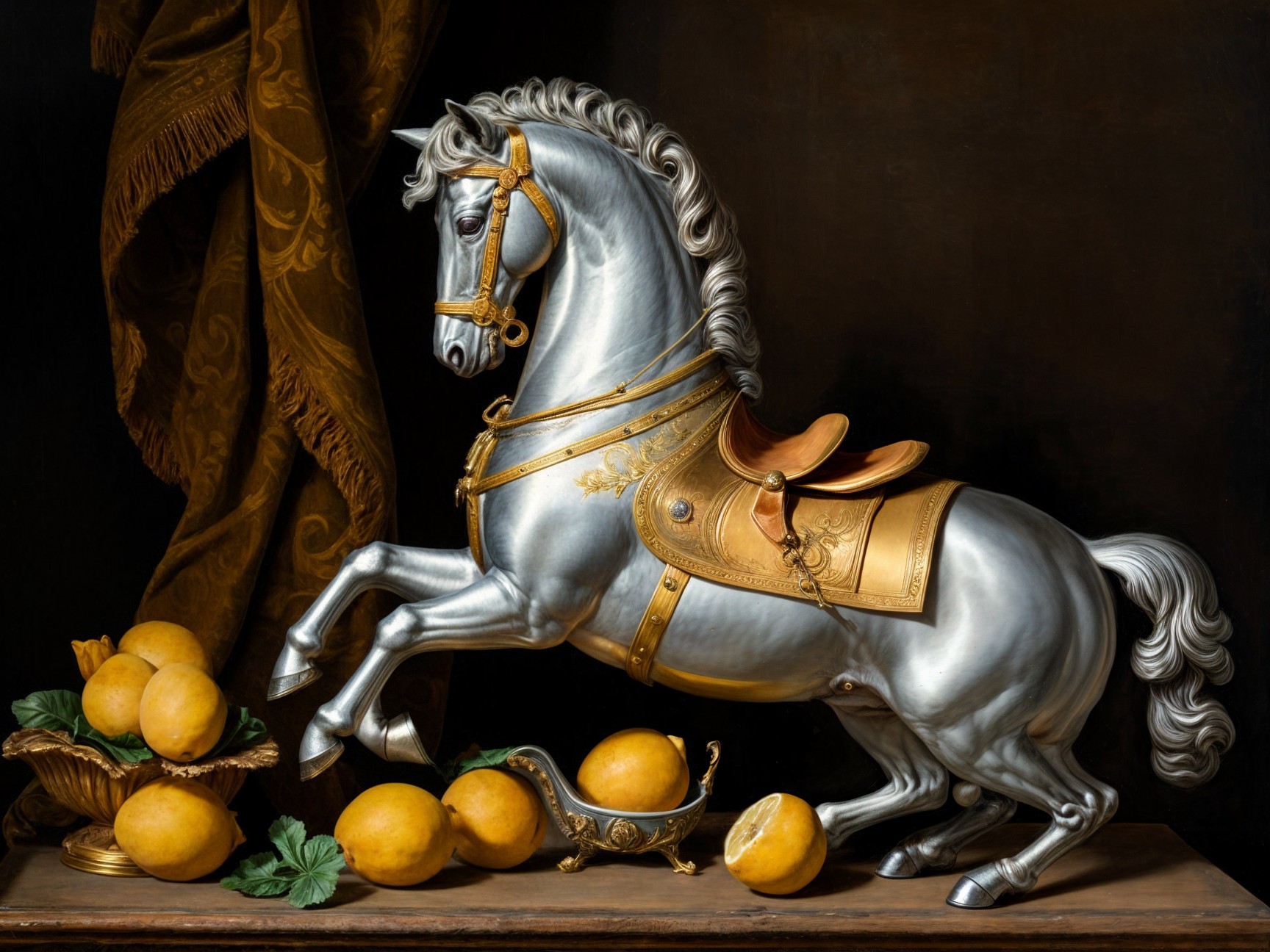 Silver Horse and Lemons on Ornate Dish Display