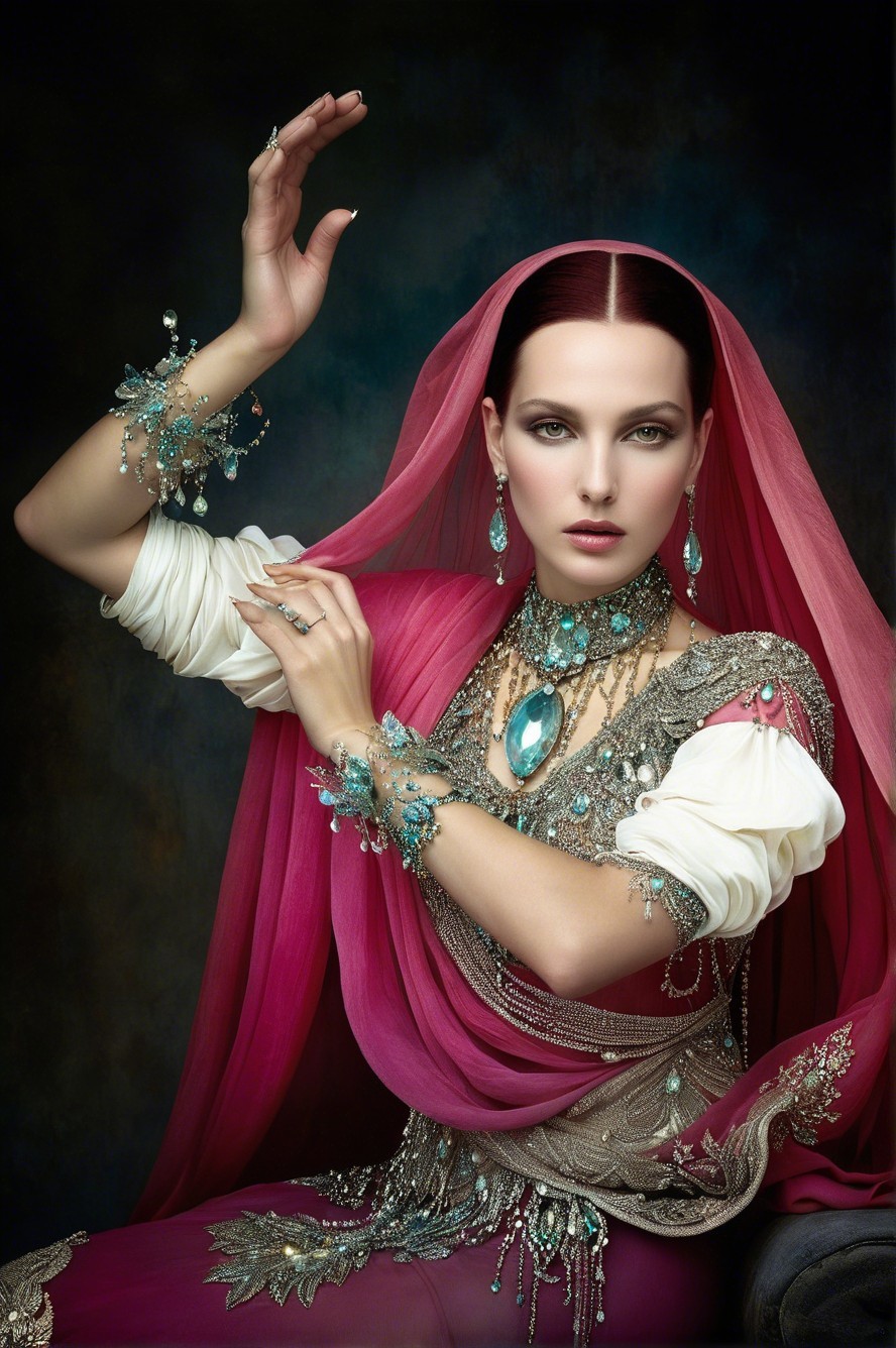 Elegant Figure in Rich Fabrics and Intricate Jewelry