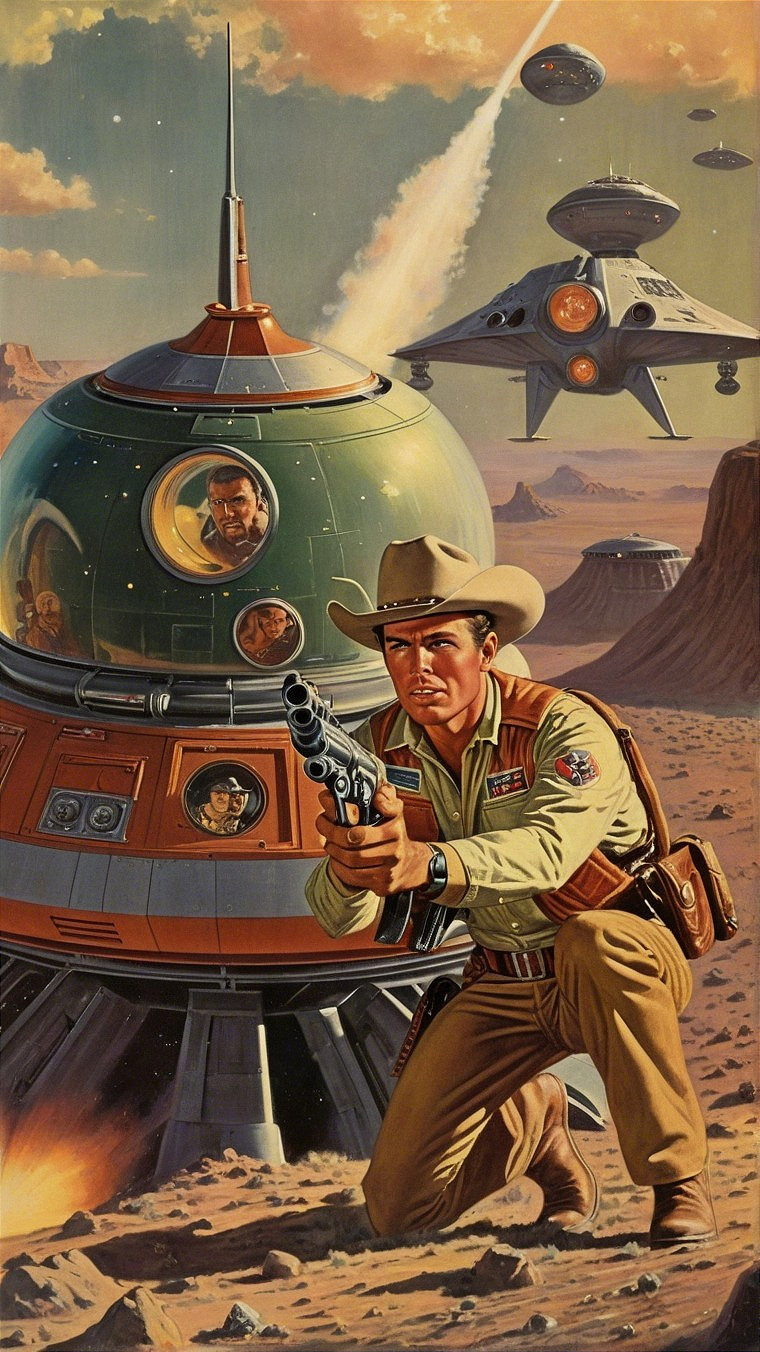 Futuristic cowboy in barren landscape with spacecraft and UFOs