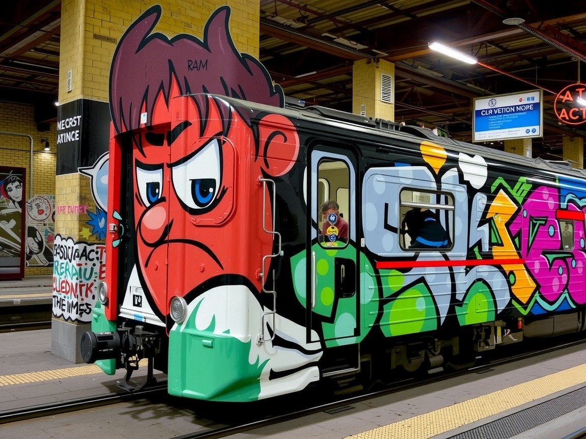 Subway Train with Vibrant Graffiti Art and Characters