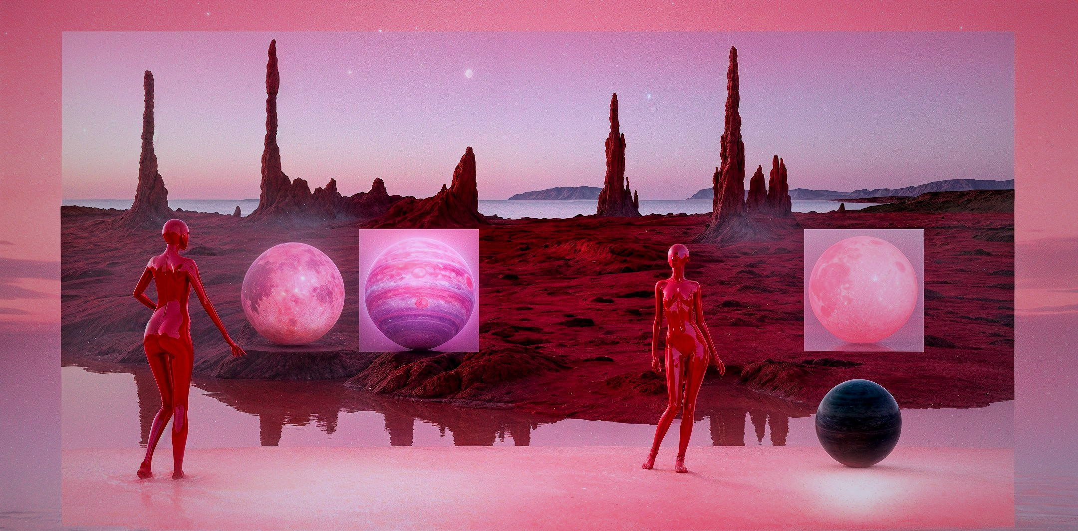 Surreal Landscape with Pink Hues and Humanoid Figures