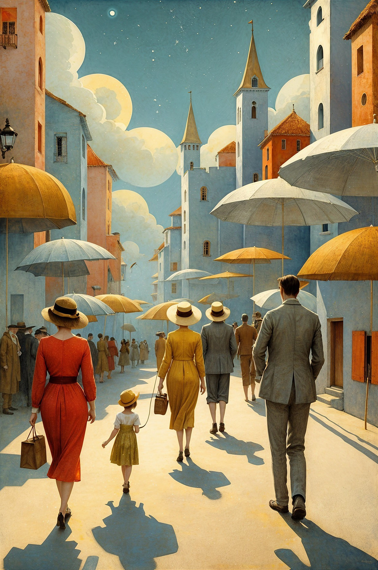 Whimsical Town Scene with Pastel Buildings and Umbrellas