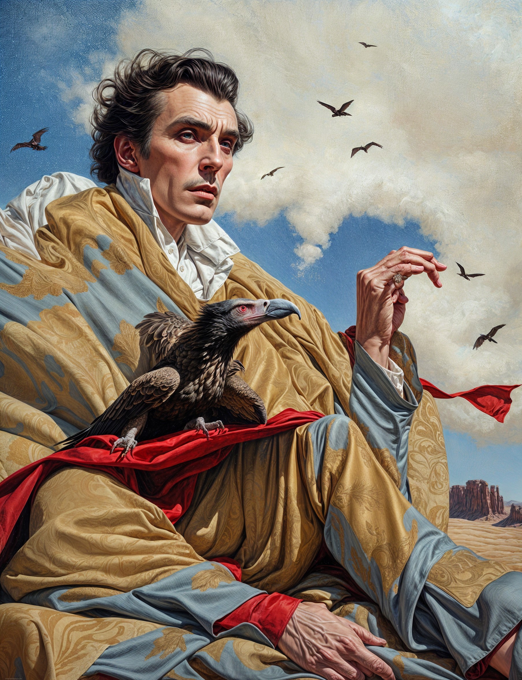 Contemplative Figure with Eagle Against Dramatic Sky