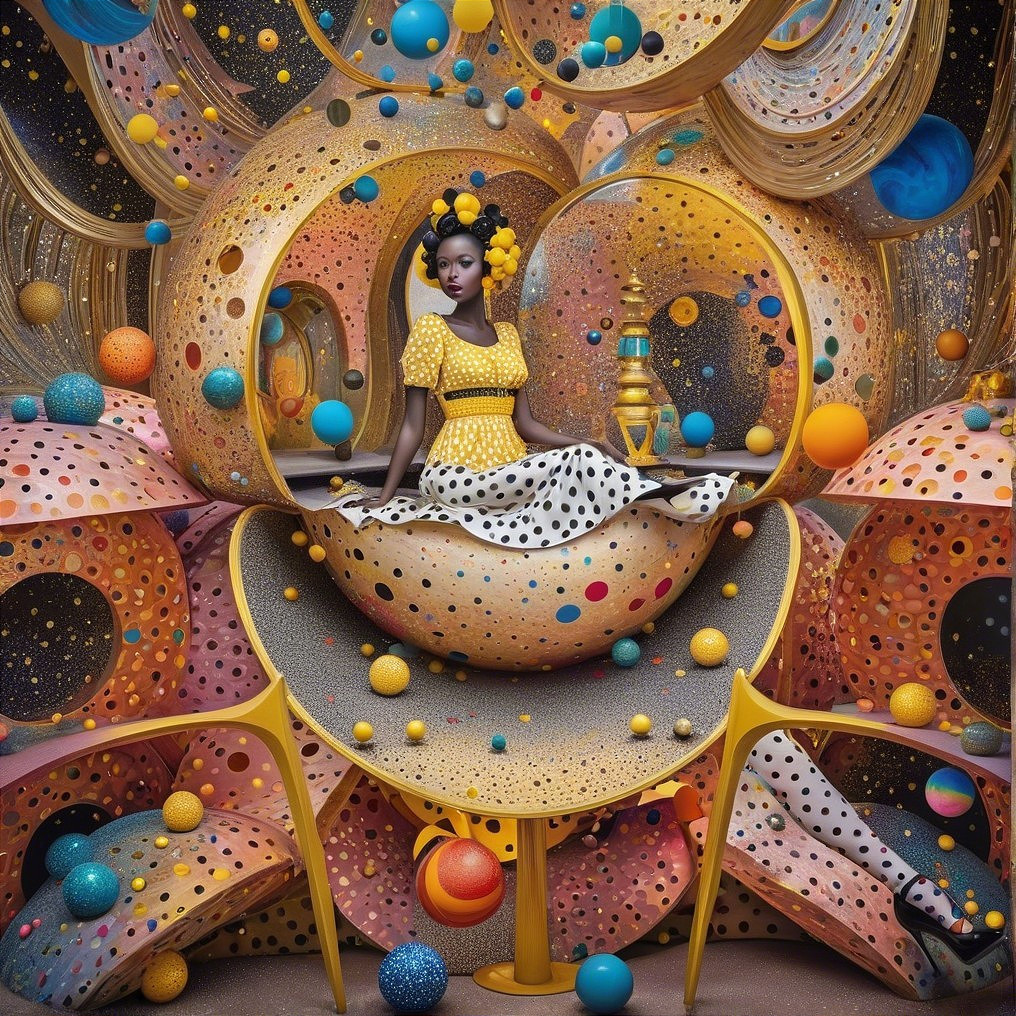 Surreal Scene of Woman in Yellow Polka-Dot Dress