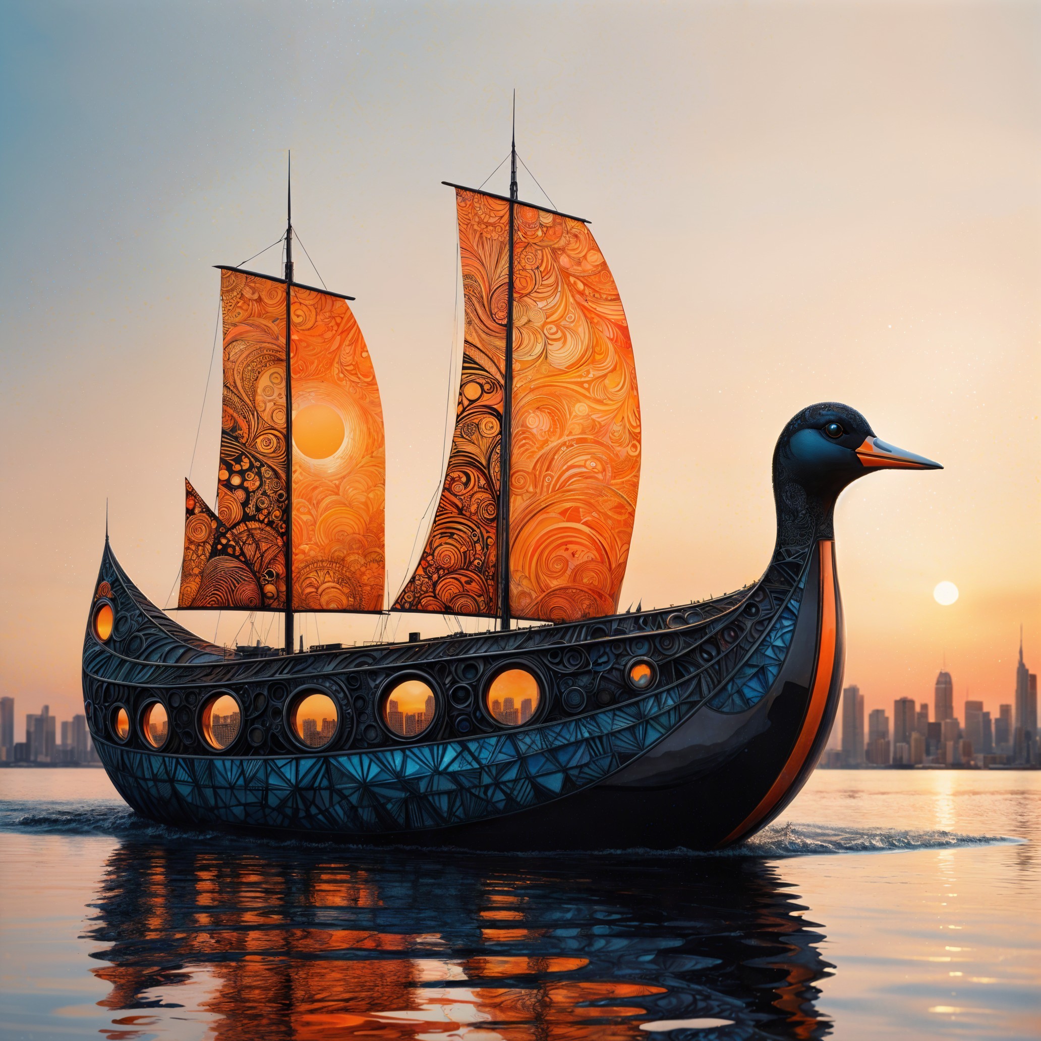 Sailing Ship with Orange Sails at Sunset Over Water