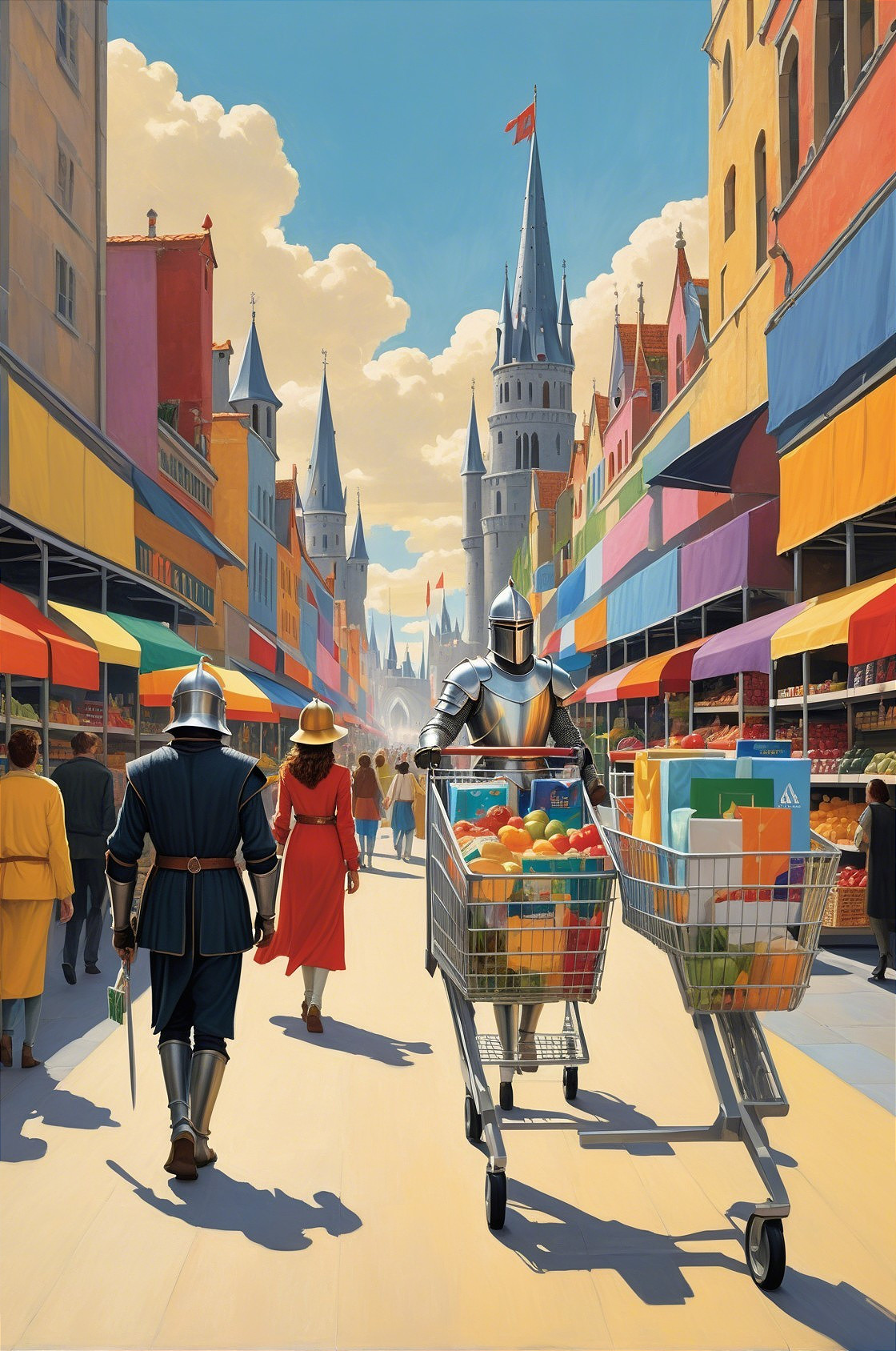 Medieval Marketplace with Knights and Colorful Produce