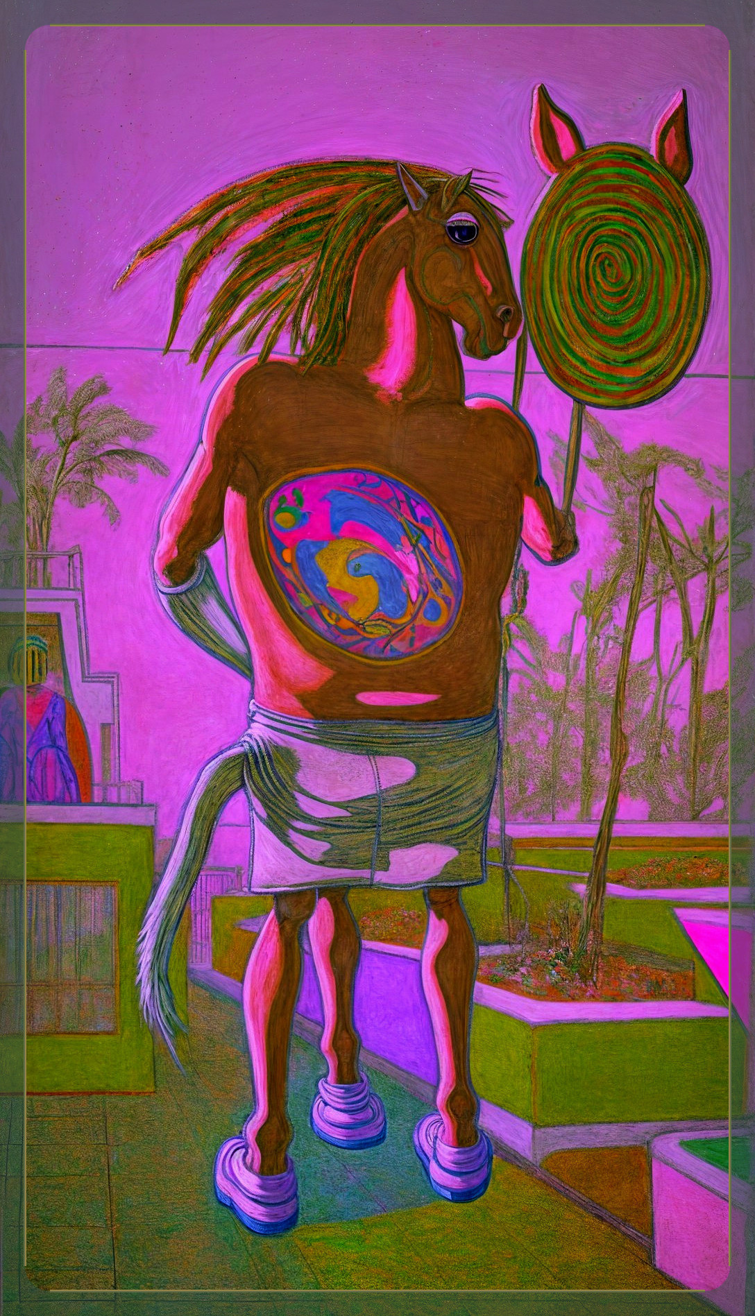 Surreal Upright Horse Figure with Colorful Patterns