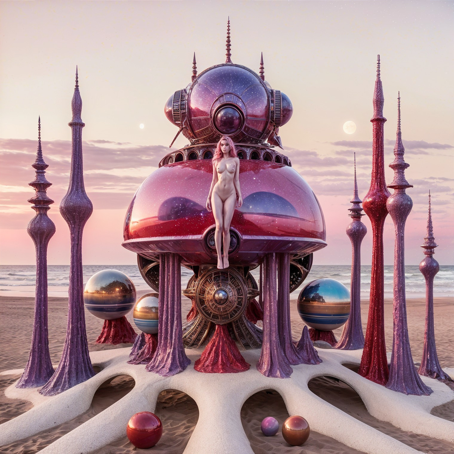 Surreal Landscape with Futuristic Metallic Structure