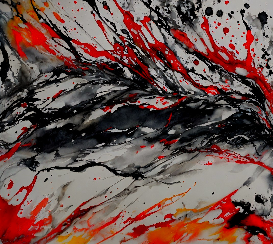 Abstract Painting with Red and Black on Gray Background