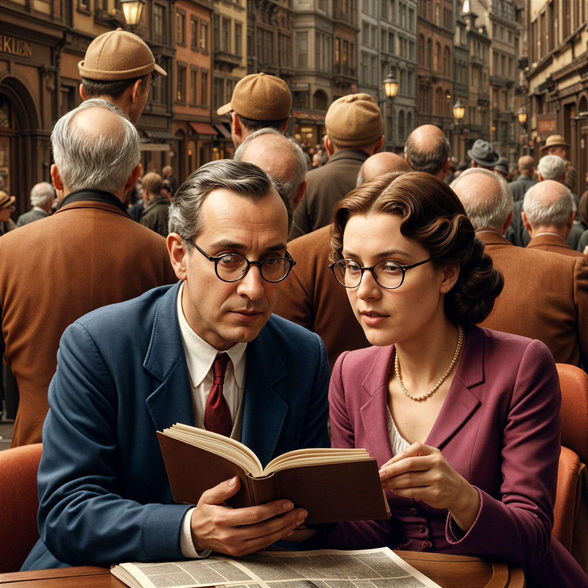 Engaged Discussion Over Book in Vintage City Setting