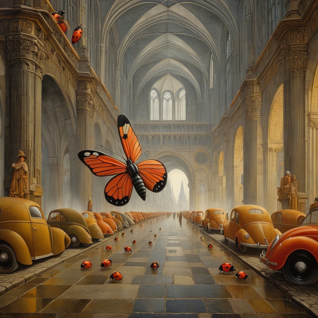 Vintage Cars in a Sunlit Cathedral Setting