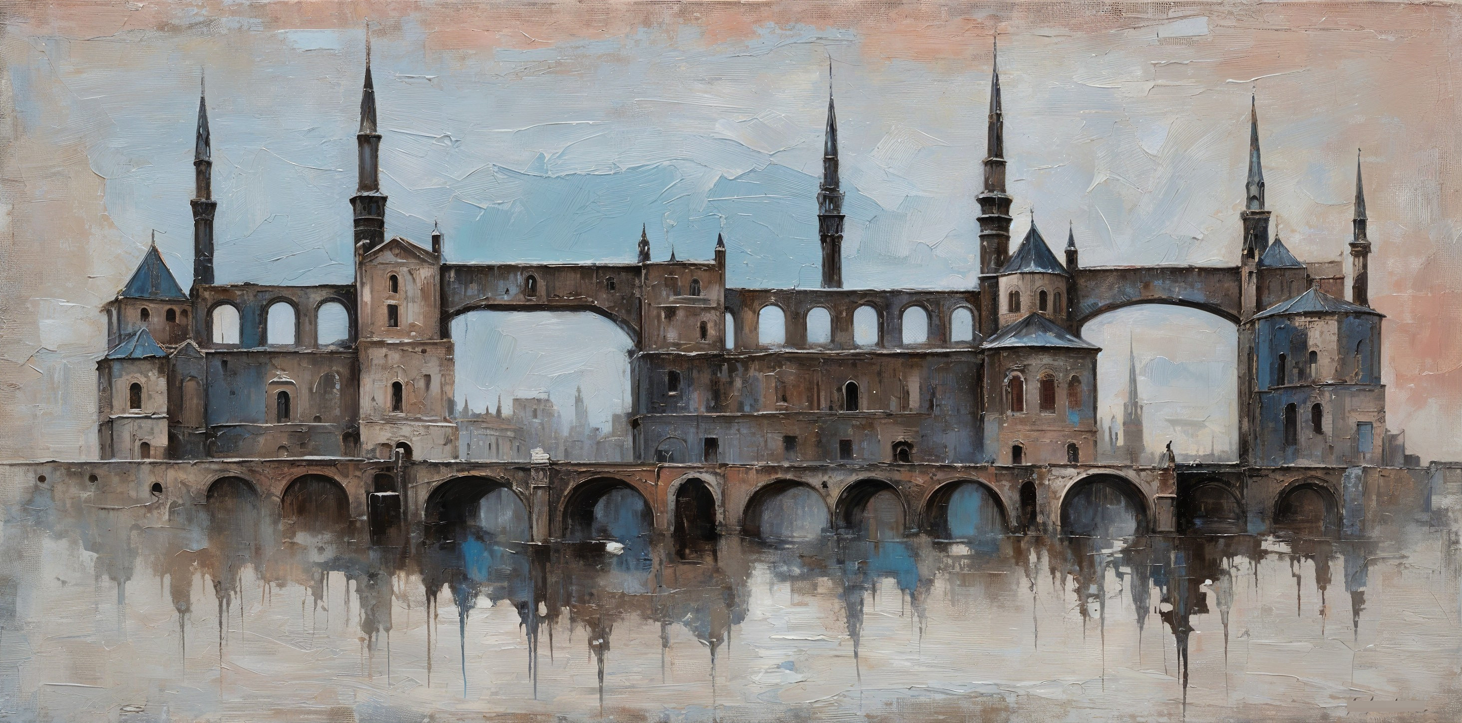 Ancient Bridge with Towers and Arches in Pastel Sky