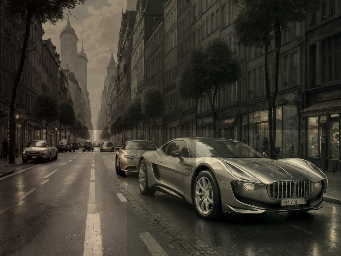 Futuristic sports car on a rain-slicked city street