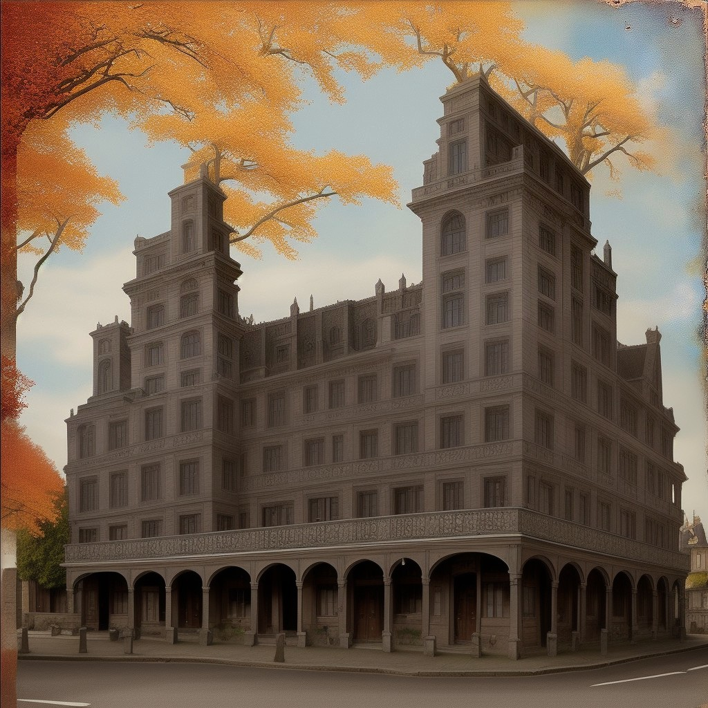 Vintage-style building with intricate architecture and autumn trees