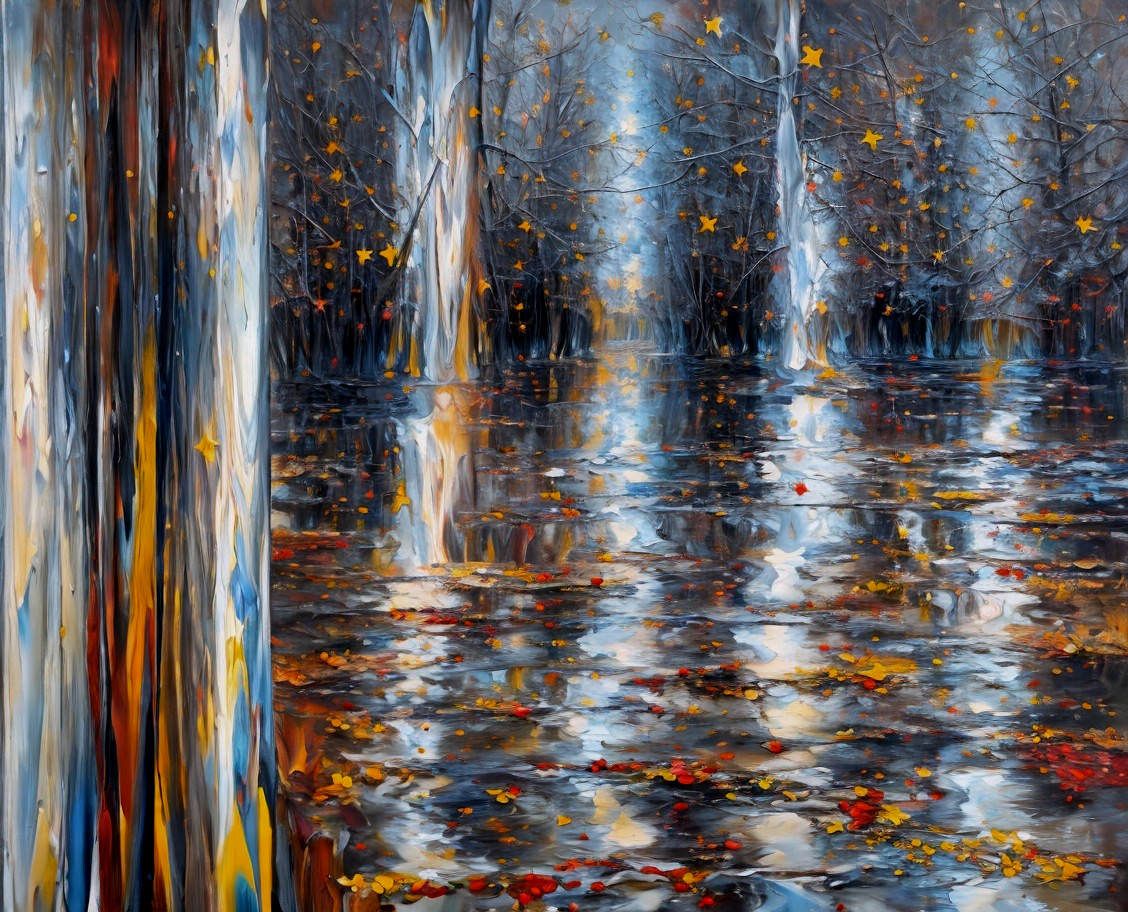 Serene Forest Landscape in Deep Blues and Grays