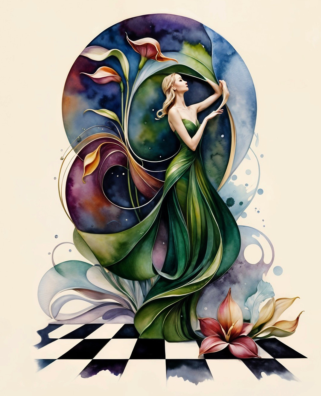 Elegant Figure in Green Fabric with Calla Lilies