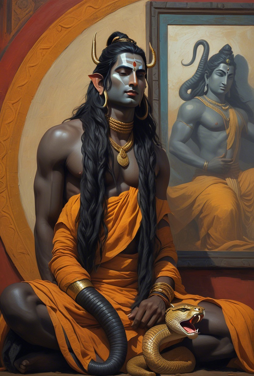 Deity Figure in Traditional Attire with Snake and Portrait