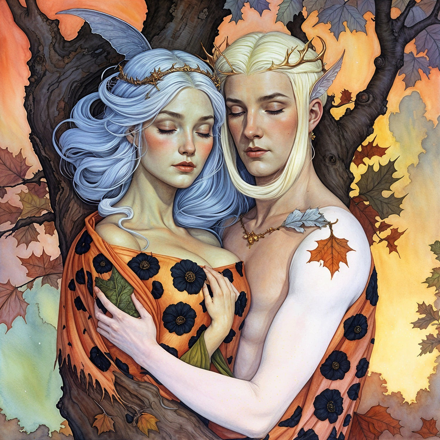 Couple Embracing Under a Tree in Autumn Foliage