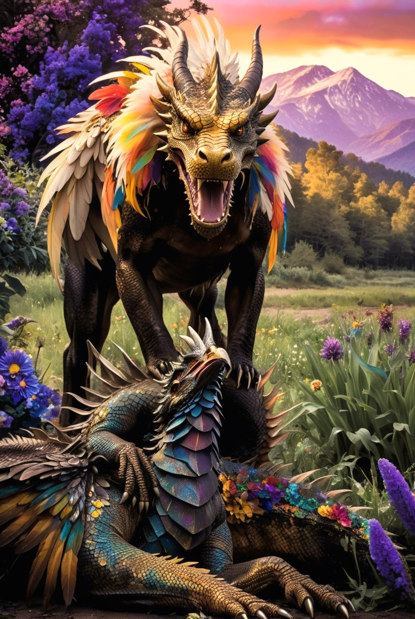 Dragons in an Enchanted Landscape at Sunset