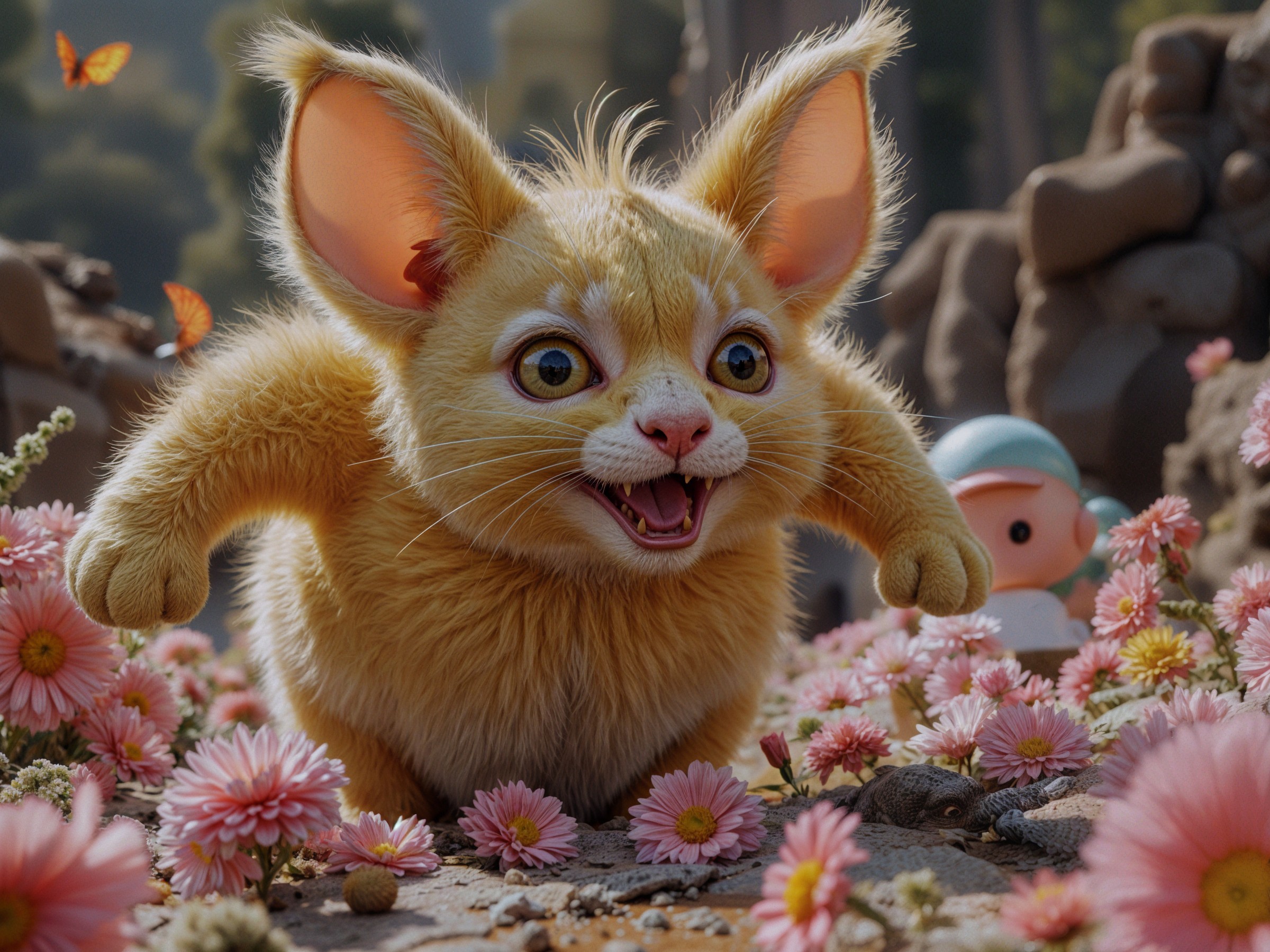 Fluffy Cartoonish Creature in Vibrant Daisy Landscape