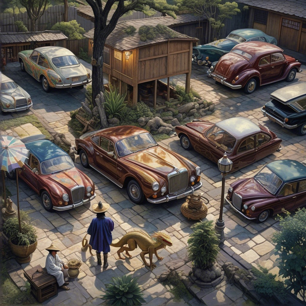 Picturesque courtyard with classic cars and greenery