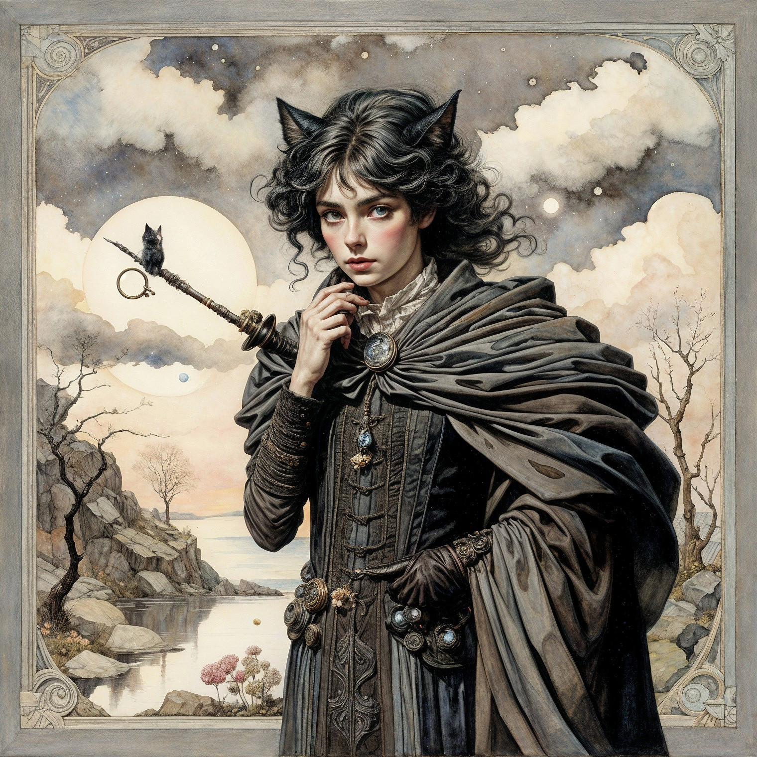 Mysterious Woman by Tranquil Lake with Feline Features