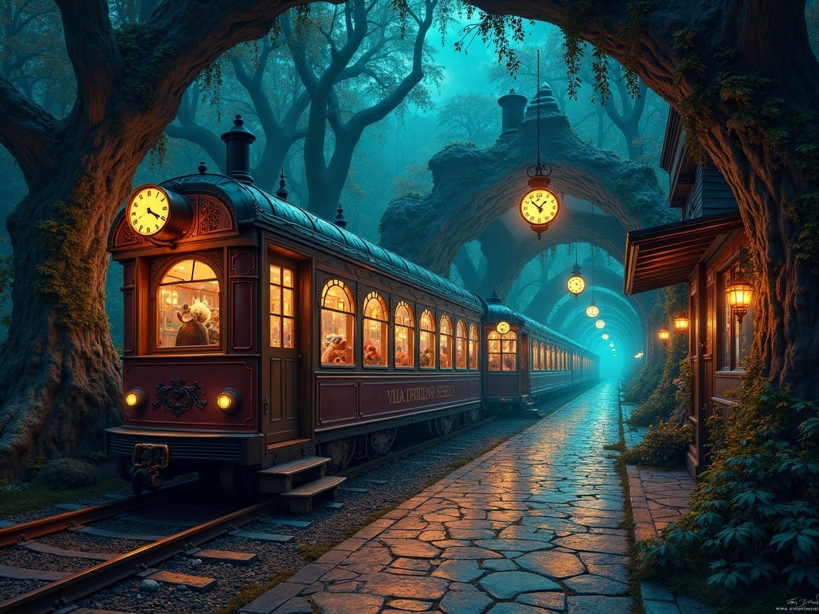 Vintage train in foggy forest with glowing windows