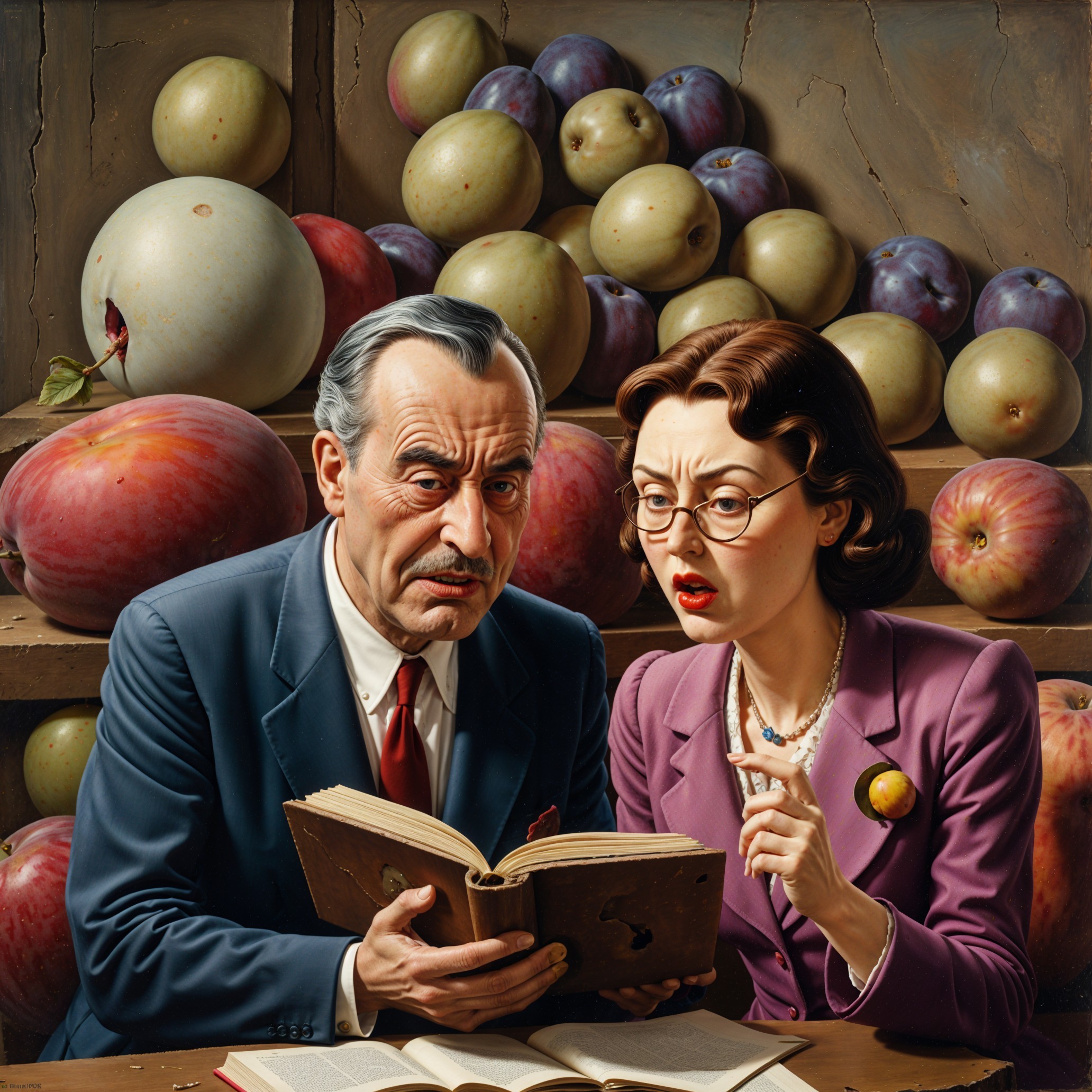 Rustic Scene of Two People Studying a Book with Fruits