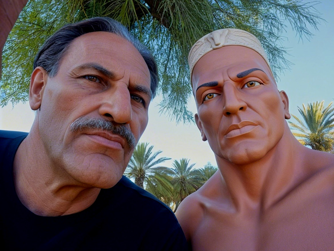 Man and Hyper-Realistic Muscular Mannequin in Nature