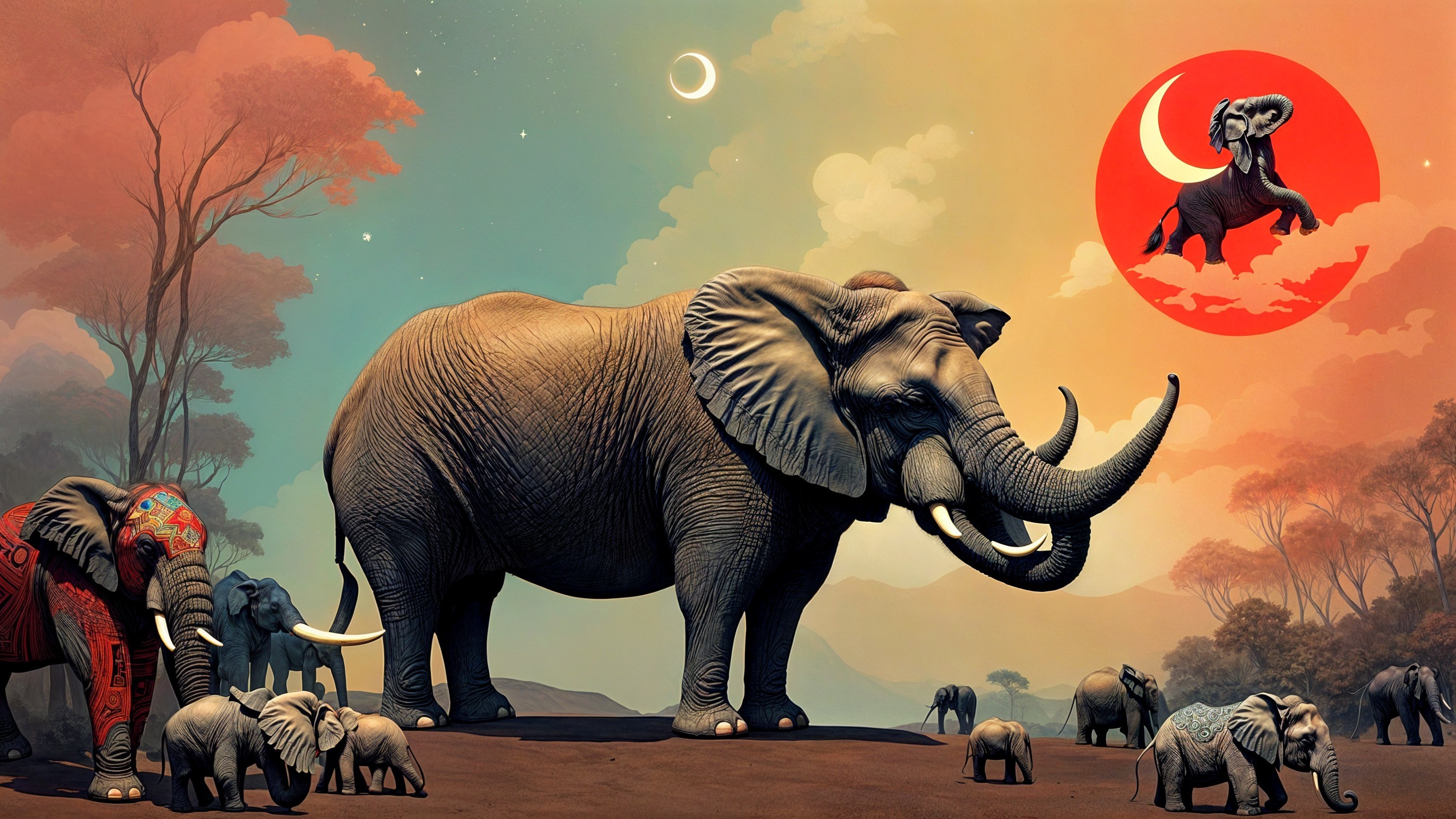 Surreal Landscape with Elephants and Colorful Sky