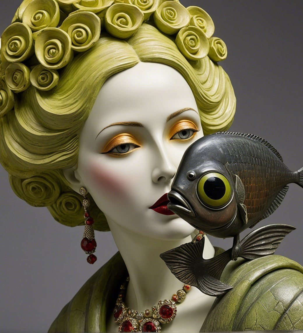 Surreal Sculpture of Woman with Green Hair and Fish