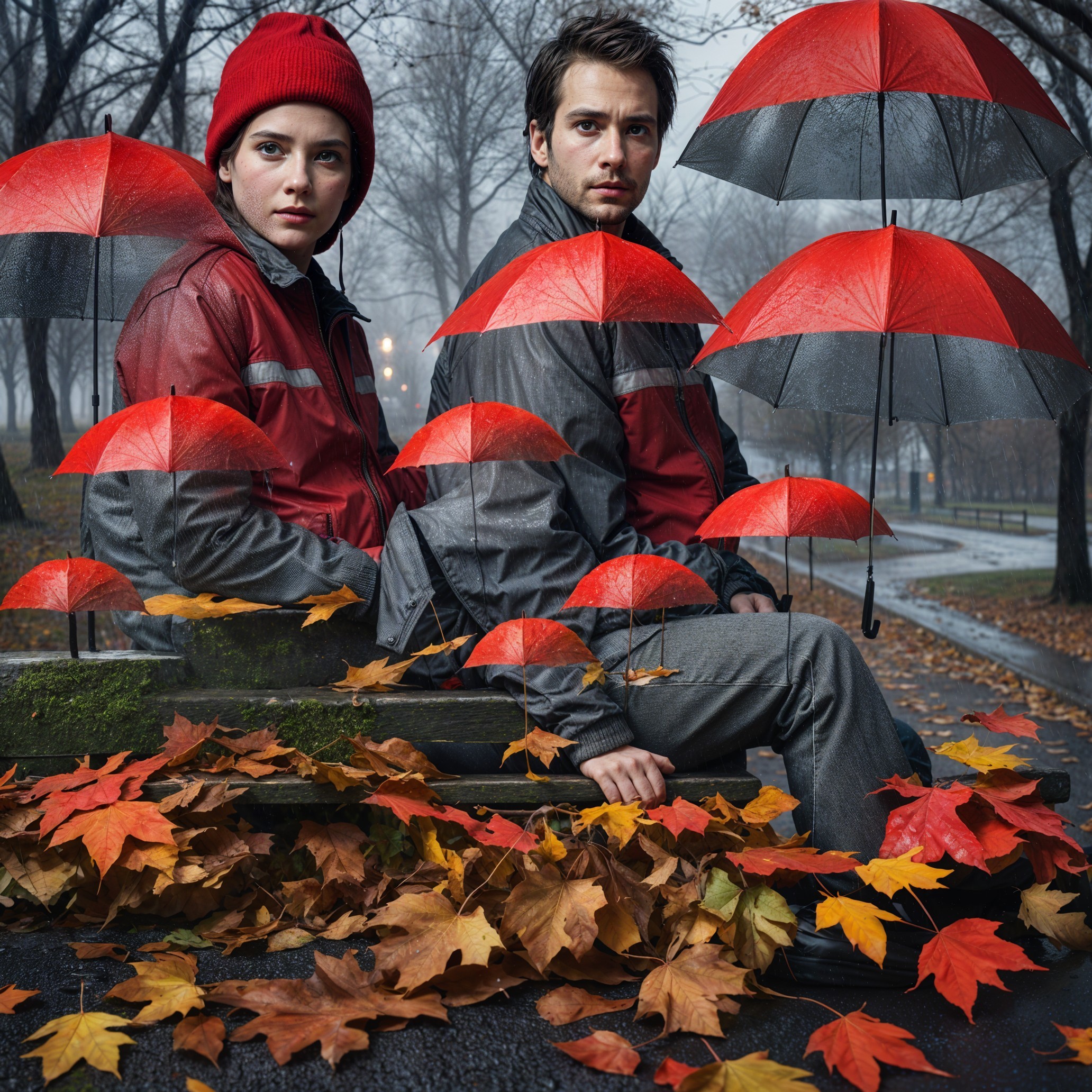 Rainy Park Scene with Individuals in Red Jackets