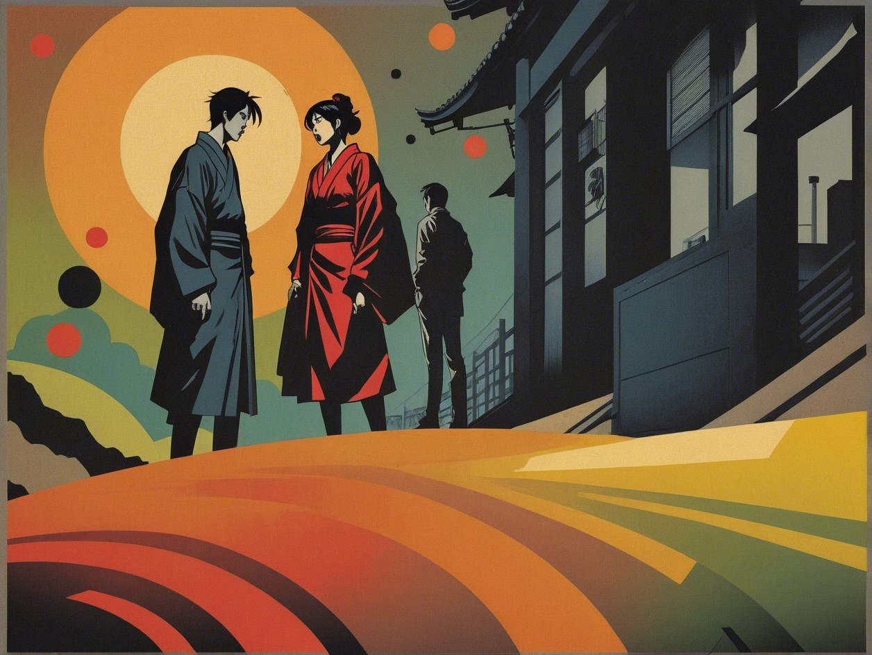 Japanese Figures on Vibrant Path at Sunset