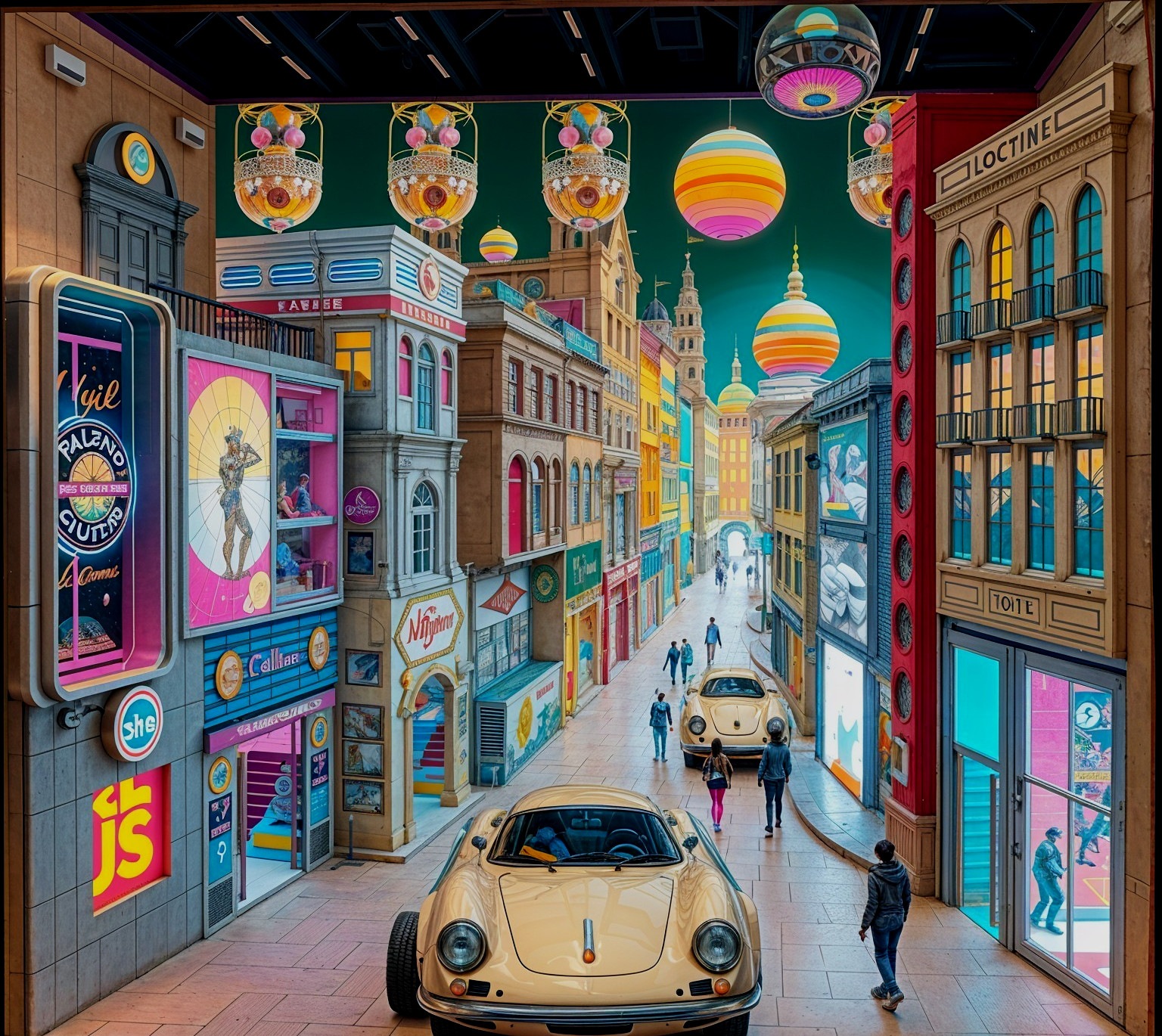 Colorful Street Scene with Vintage Cars and Decorations