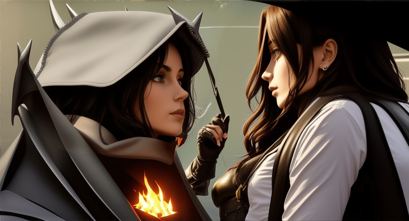 Dramatic Scene with Characters in Cloak and Modern Outfit
