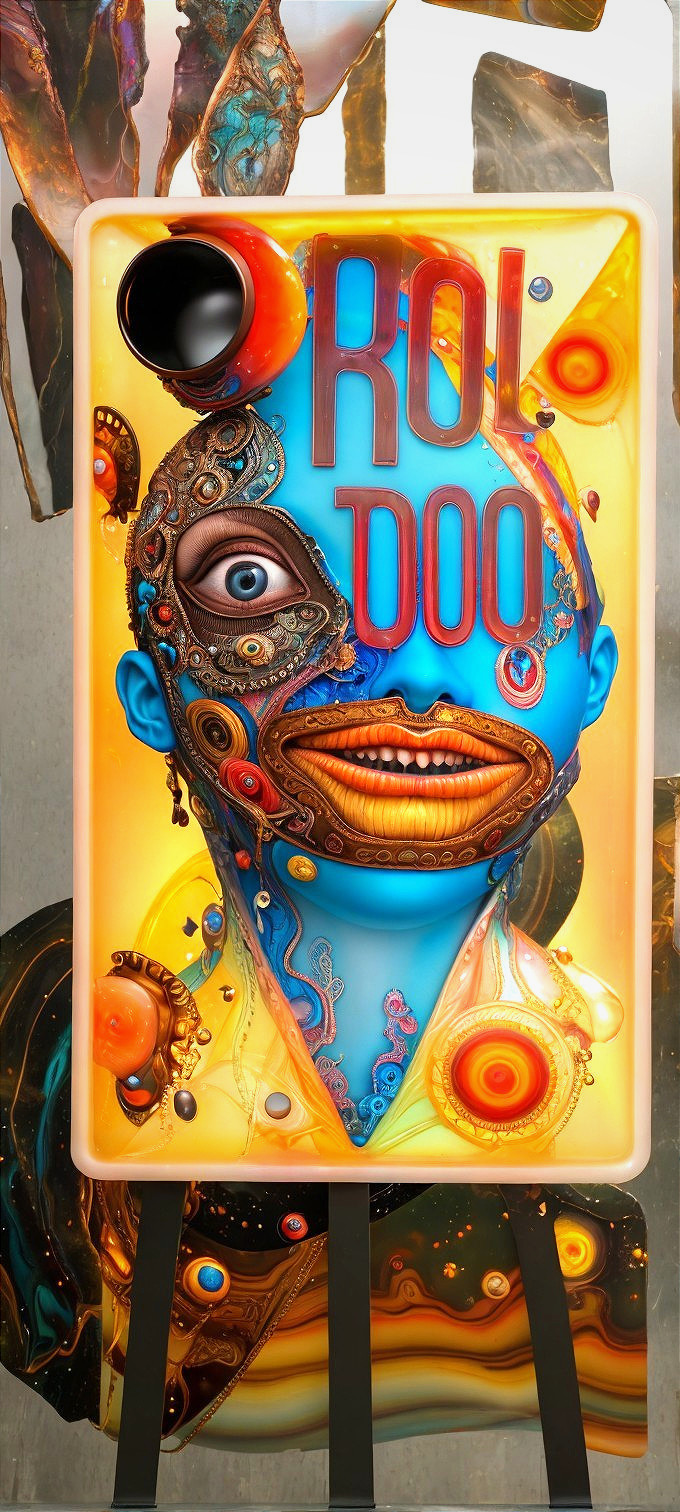 Surreal Humanoid Figure with Blue Face and Patterns