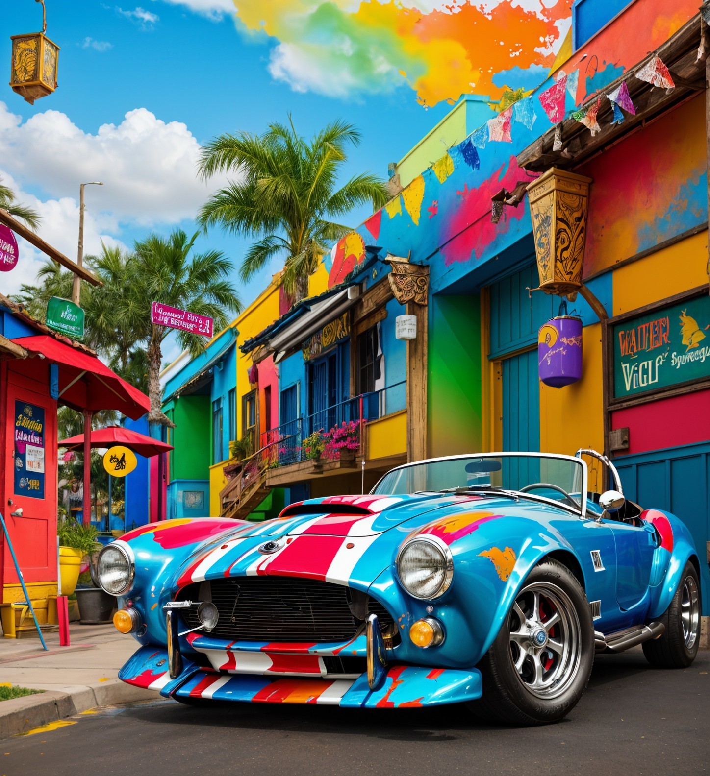 Colorful Street Scene with Vintage Sports Car and Artistry