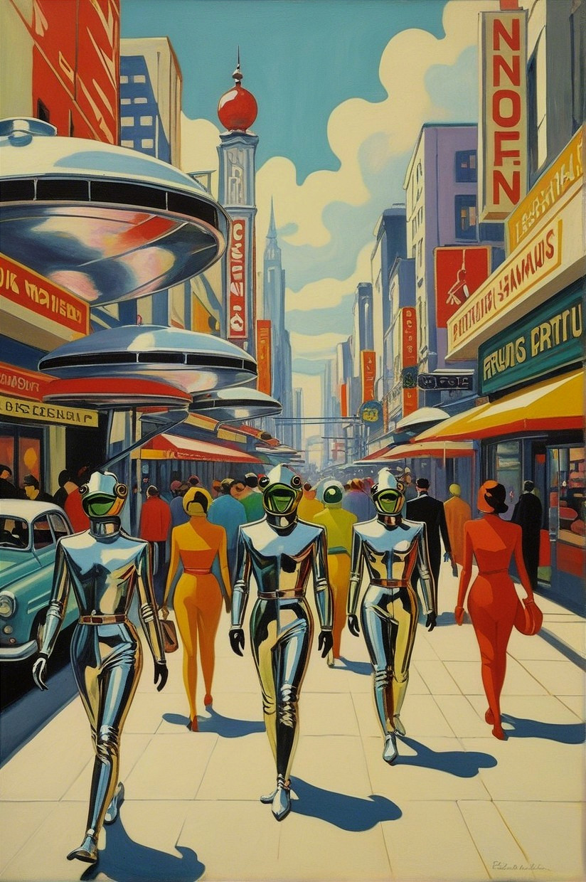 Vibrant Retro-Futuristic City Scene with Flying Vehicles