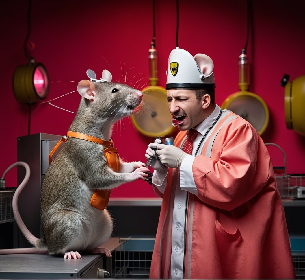 Whimsical Laboratory Scene with Man and Talking Rat