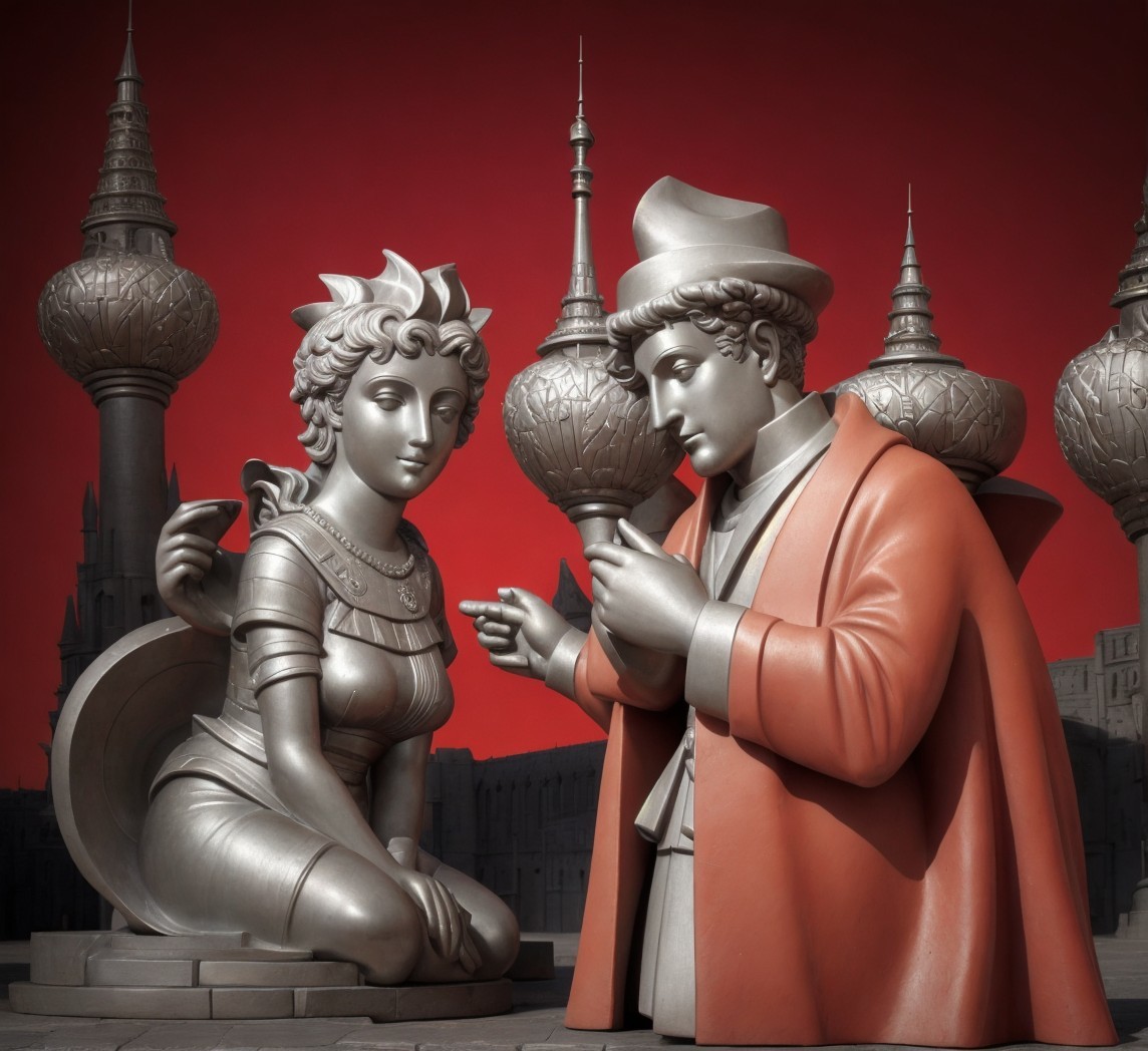 Intricate Sculpted Figures on Red Background