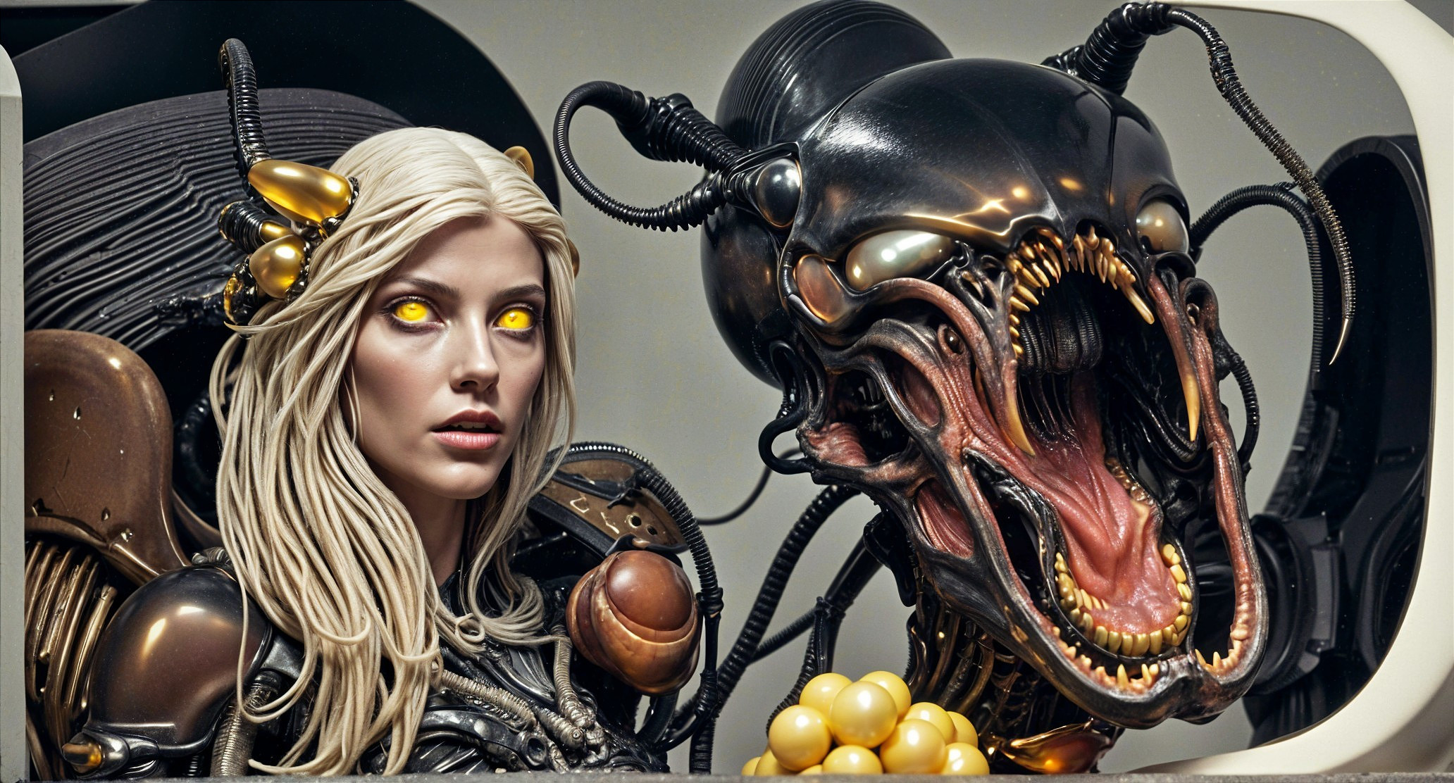 Futuristic humanoid and biomechanical creature scene