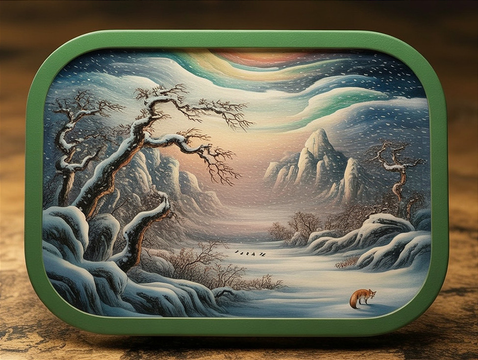 Winter Landscape with Mountains, Trees, and Fox