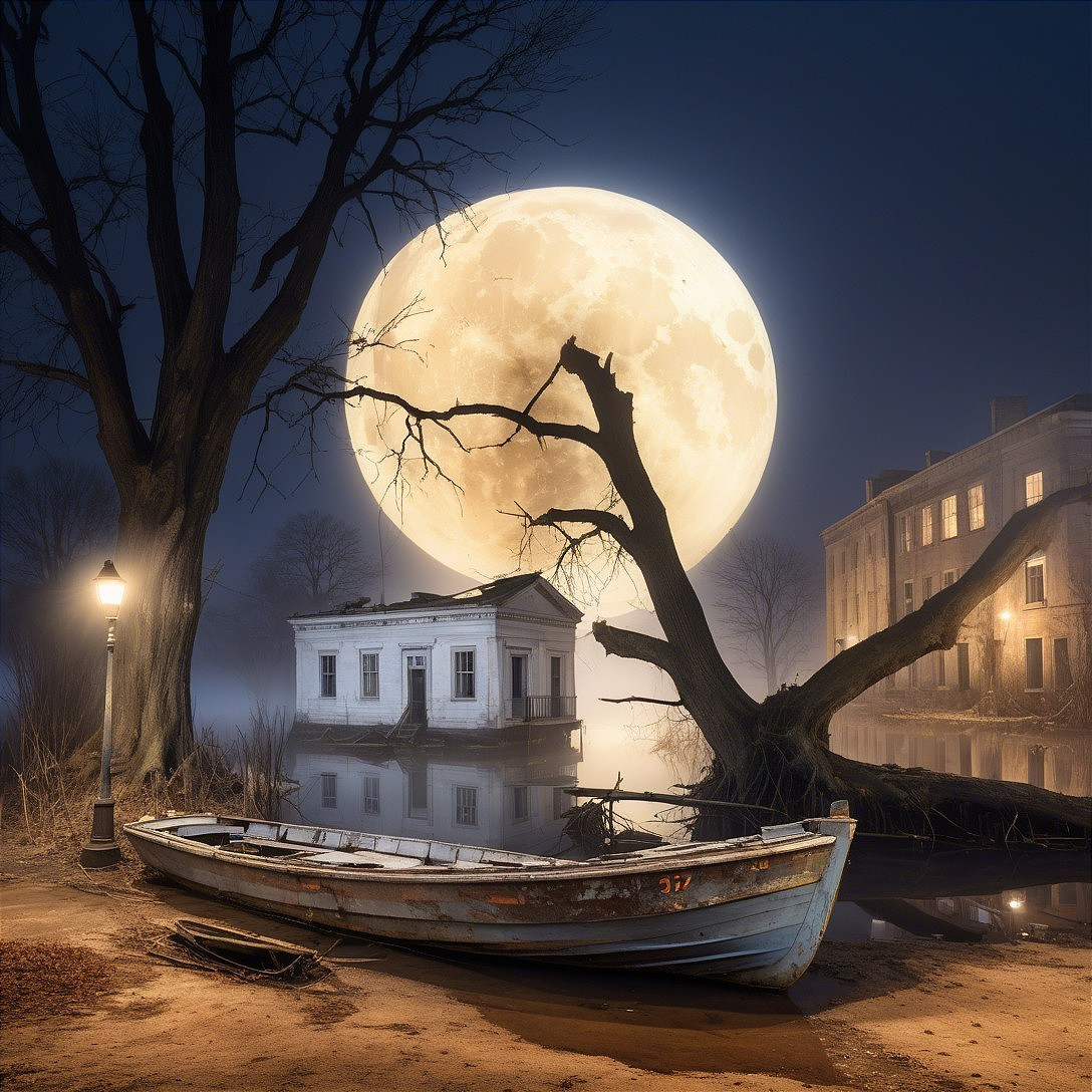 Serene Nighttime Scene with Boat and Full Moon