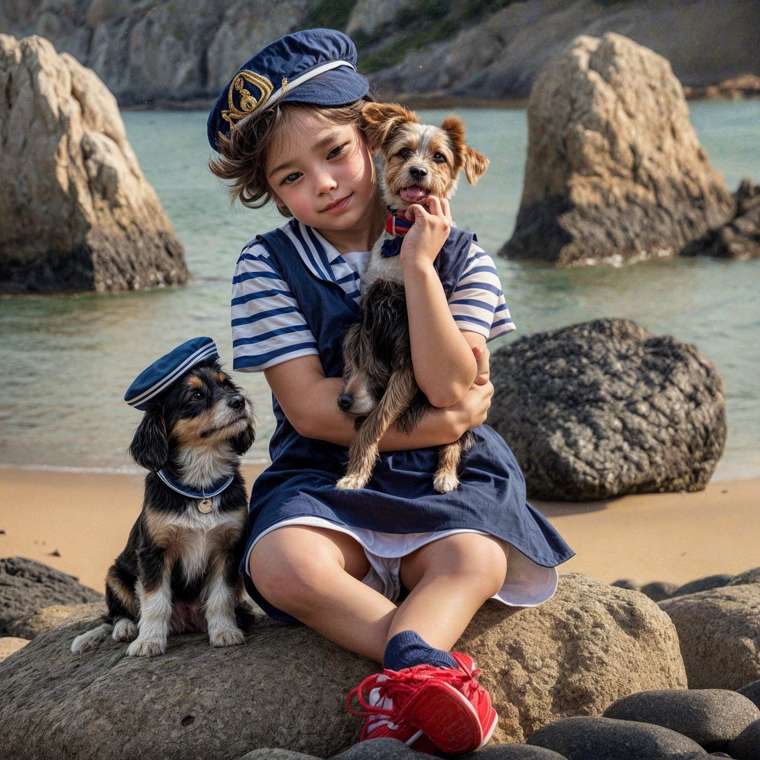 Child in sailor outfit with dogs on rocky beach