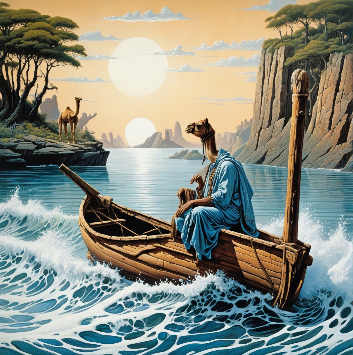 Camel-Headed Man in Boat Under Two Suns and Clouds