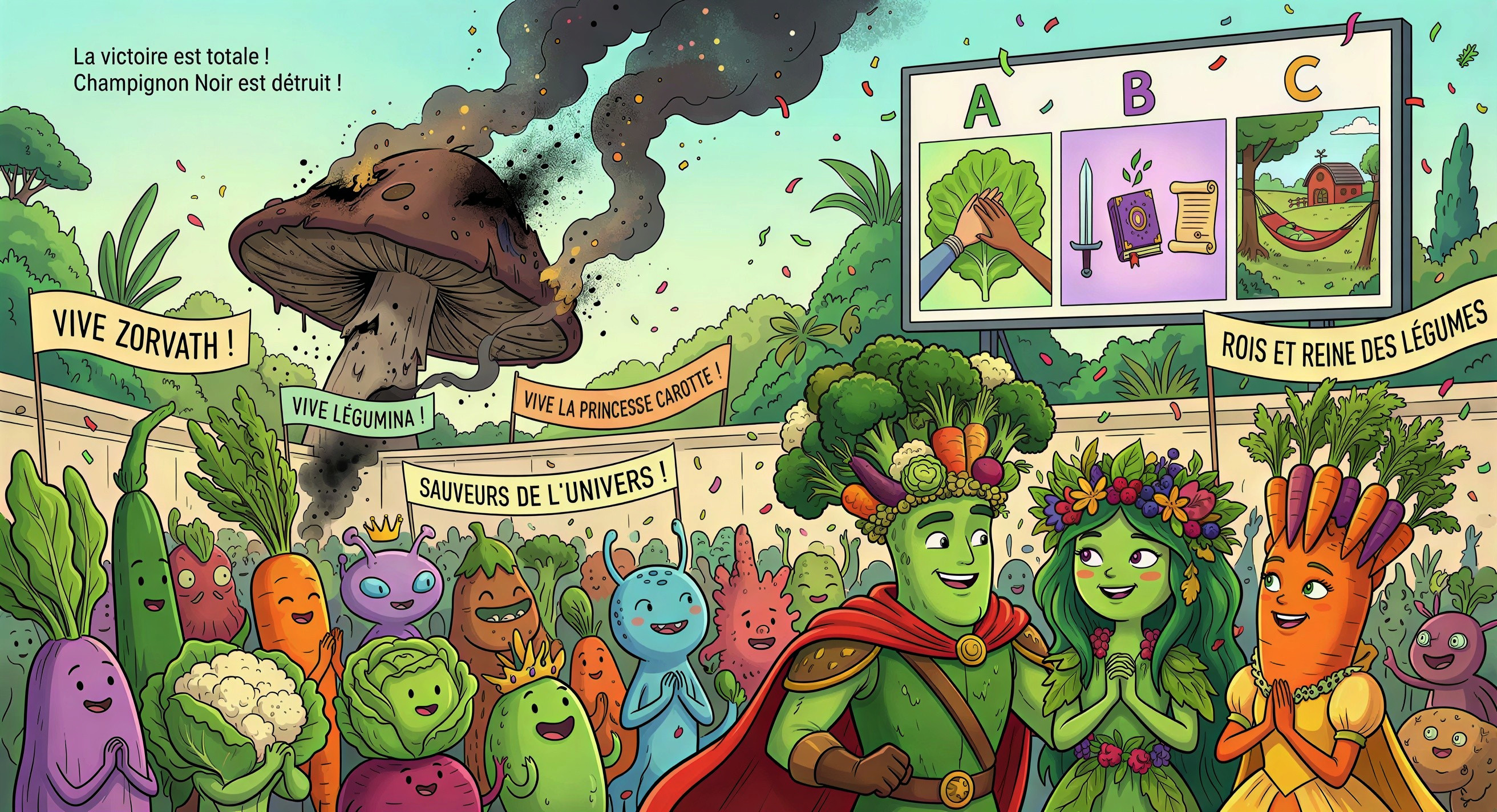 Cartoon Illustration of Vegetables Celebrating Victory