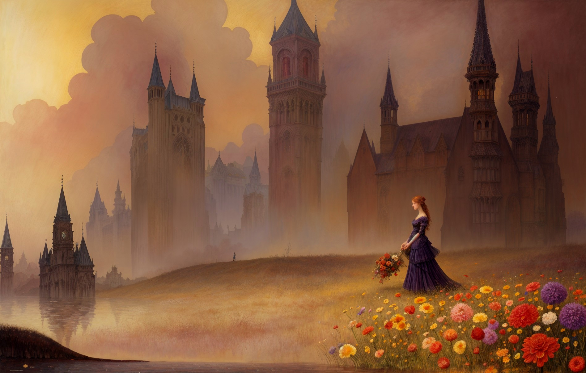 Serene Landscape with Woman in Purple Gown and Castles