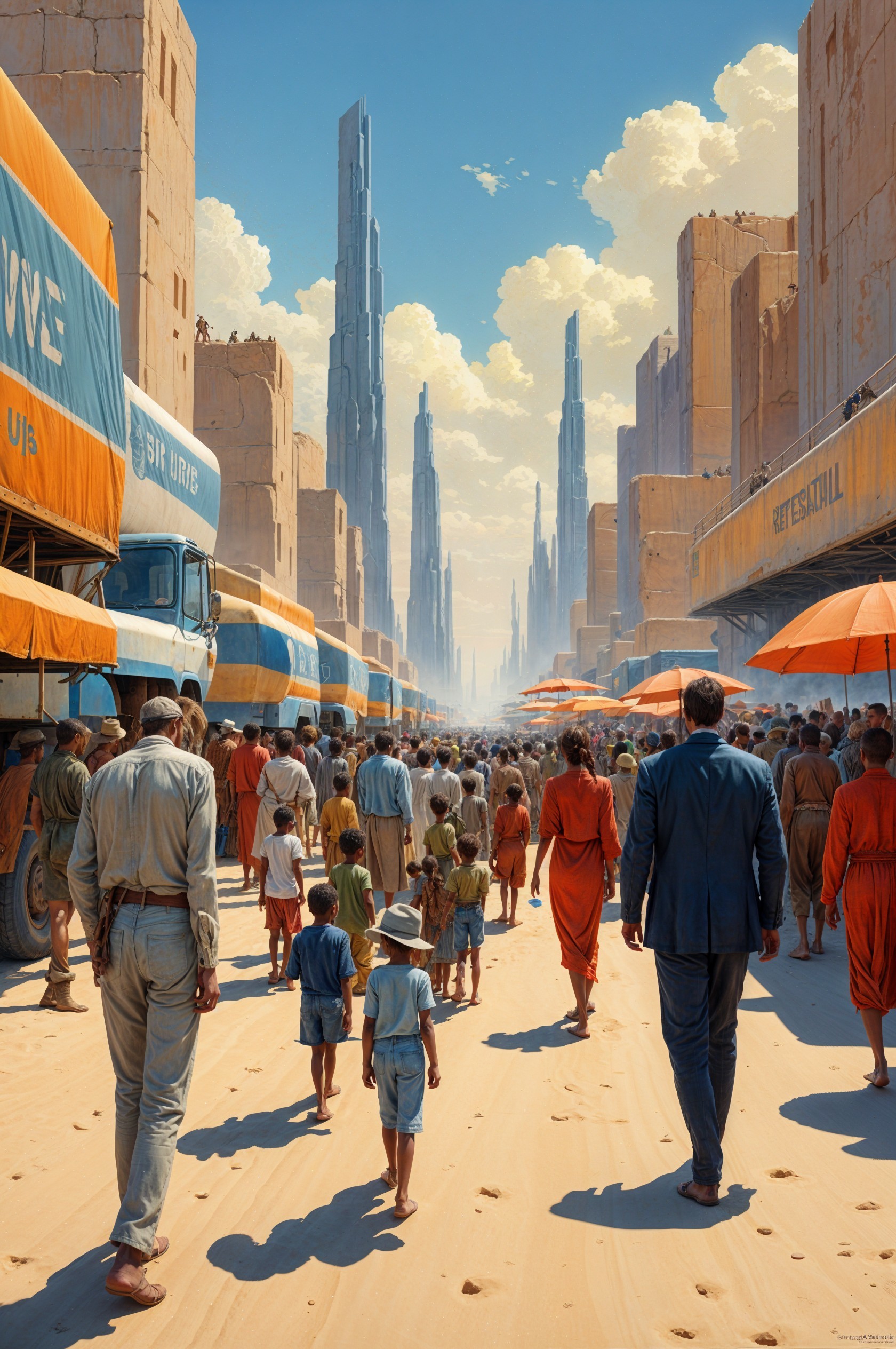 Futuristic City Scene with Diverse Crowds and Skyscrapers