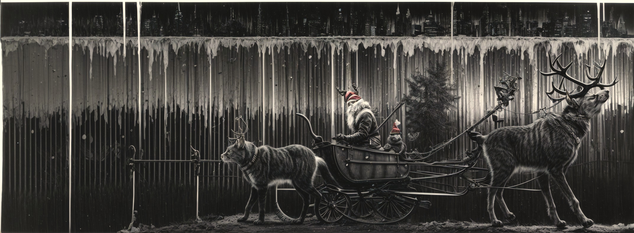 Whimsical Vintage Sleigh Scene with Reindeer and Creatures