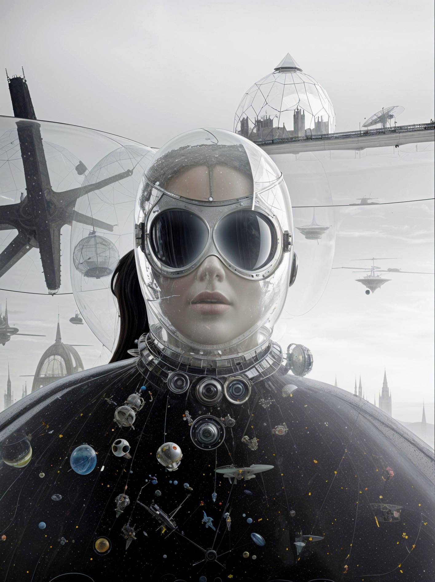 Futuristic Helmeted Figure in Cosmic-Themed Suit